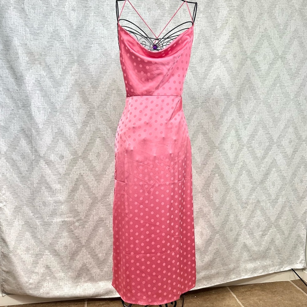 Vici pink polka dot cowl neck silky midi dress size S - Picture 2 of 12
